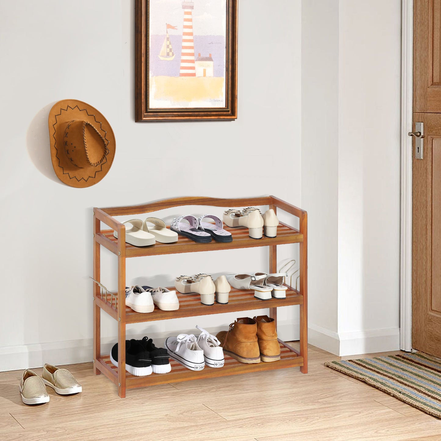 Solid Acacia Wood Shoe Rack Shelf with Side Metal Hooks-3-Tier, Costway, 2