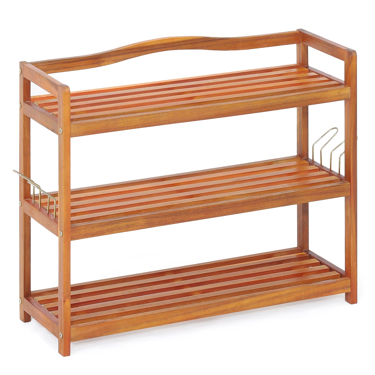 Solid Acacia Wood Shoe Rack Shelf with Side Metal Hooks-3-Tier, Costway, 1
