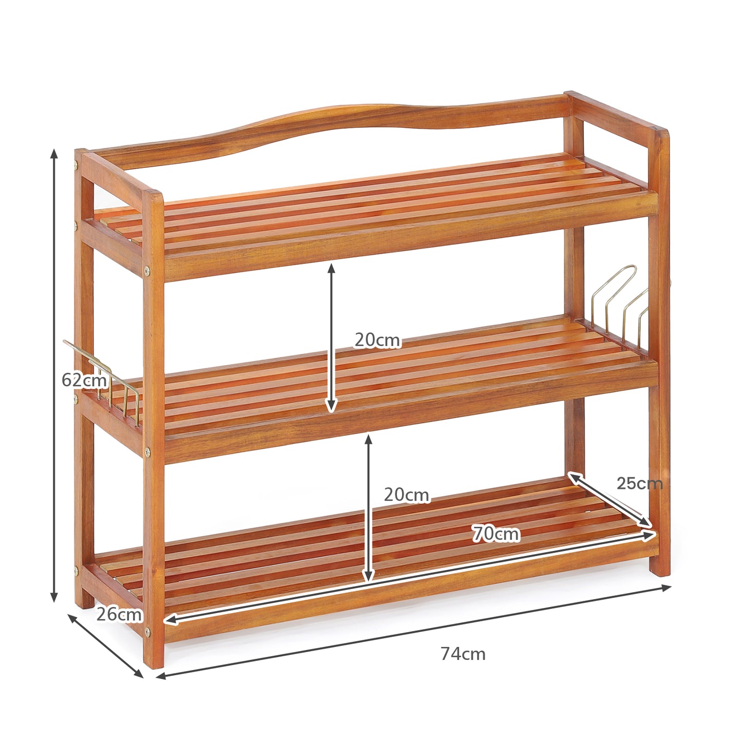 Solid Acacia Wood Shoe Rack Shelf with Side Metal Hooks-3-Tier, Costway, 5