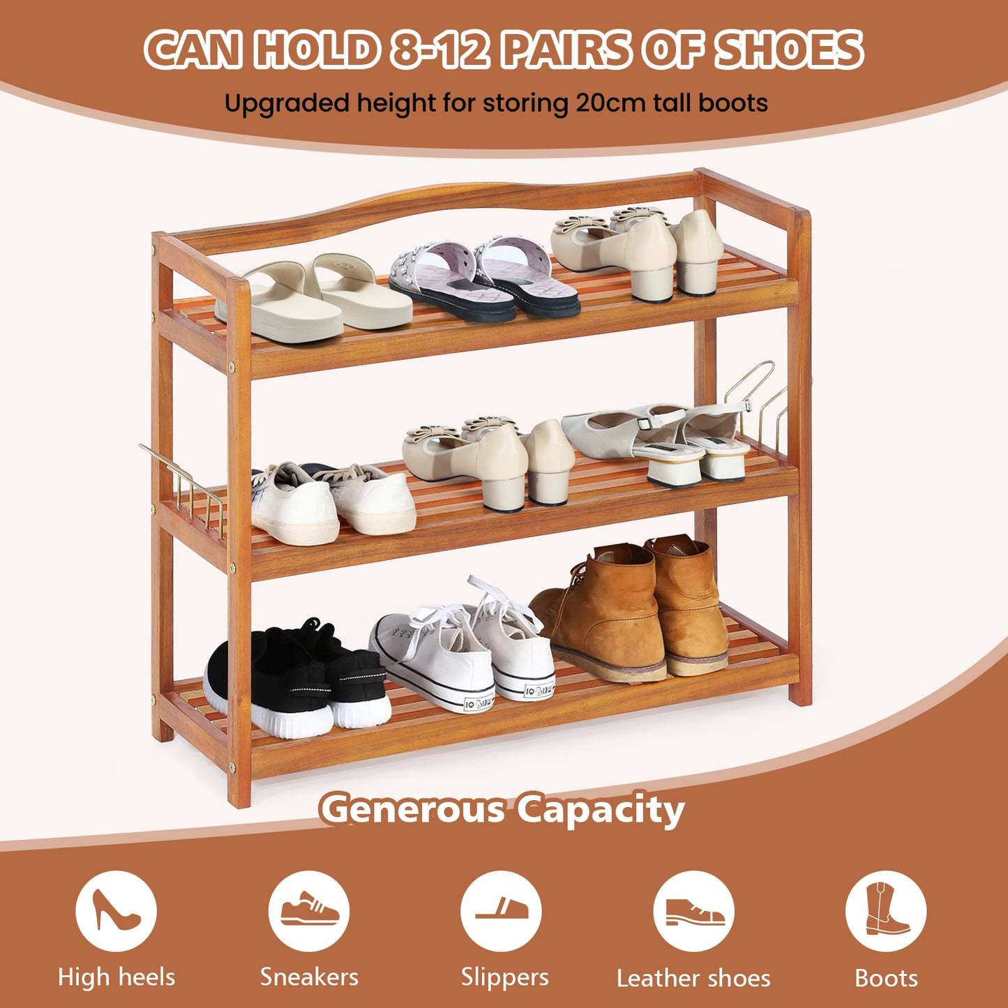 Solid Acacia Wood Shoe Rack Shelf with Side Metal Hooks-3-Tier, Costway, 6