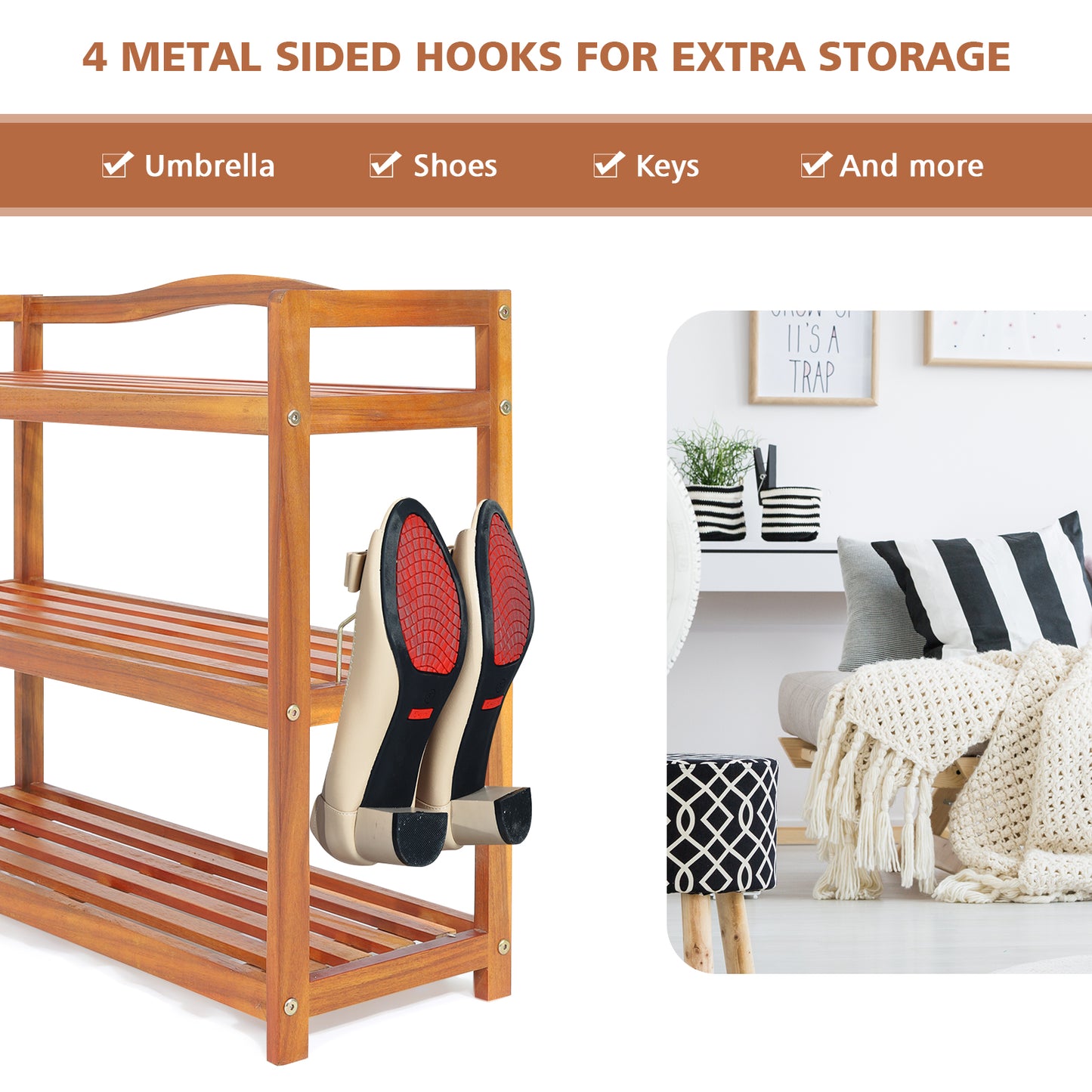 Solid Acacia Wood Shoe Rack Shelf with Side Metal Hooks-3-Tier, Costway, 7