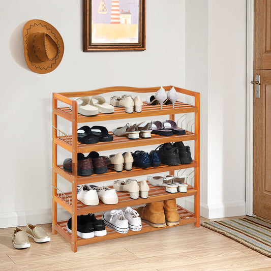 Solid Acacia Wood Shoe Rack Shelf with Side Metal Hooks-5-Tier, Costway, 2