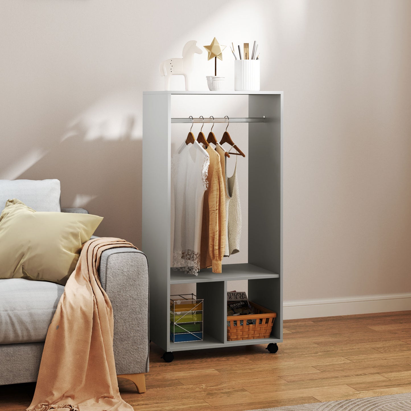 Open Wardrobe for Bedroom, Small Wardrobe on Wheels with Clothes Rail, Storage Shelves, Mobile Garment Rack for Clothes Storage, Cloakroom, Hallway, Grey, HOMCOM, 2