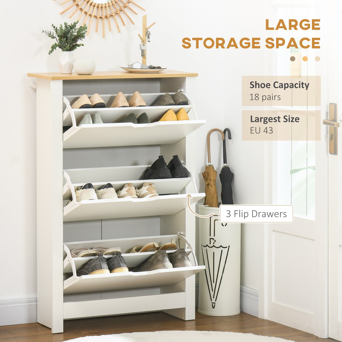 Slim Shoe Cabinet, Narrow Shoe Cupboard with 3 Flip Drawers, Adjustable Shelves for 18 Pairs of Shoes for Hallway, White, HOMCOM, 4