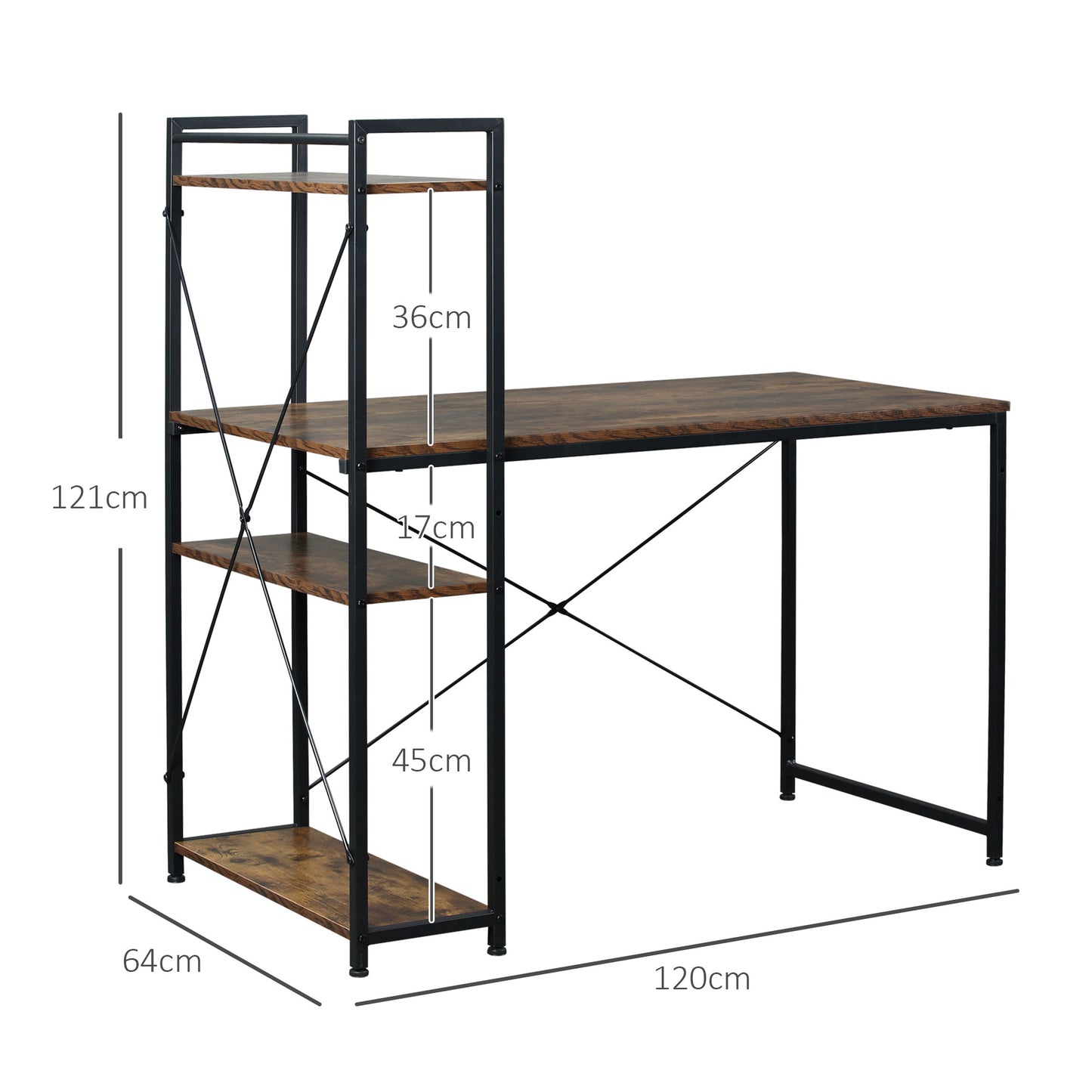 Reversible Computer Desk with Storage Shelves on Left or Right, Industrial Reversible Writing Desk for Home Office, Study, Easy Assembly, 120 x 64 x 121cm, Rustic Brown and Black, HOMCOM, 3