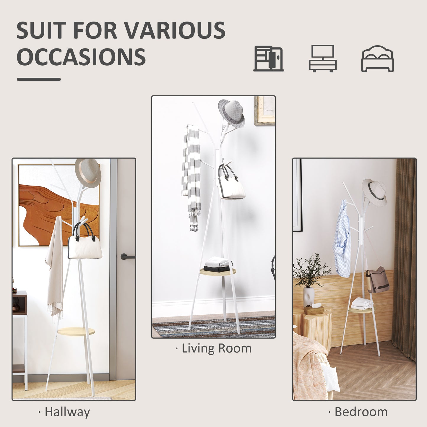 Freestanding Metal Coat Rack Stand 9 Hooks Clothes Tree with 1 Shelf Hat Display Hall Tree Hanger Bag Umbrella Hanging Organiser White, HOMCOM, 6