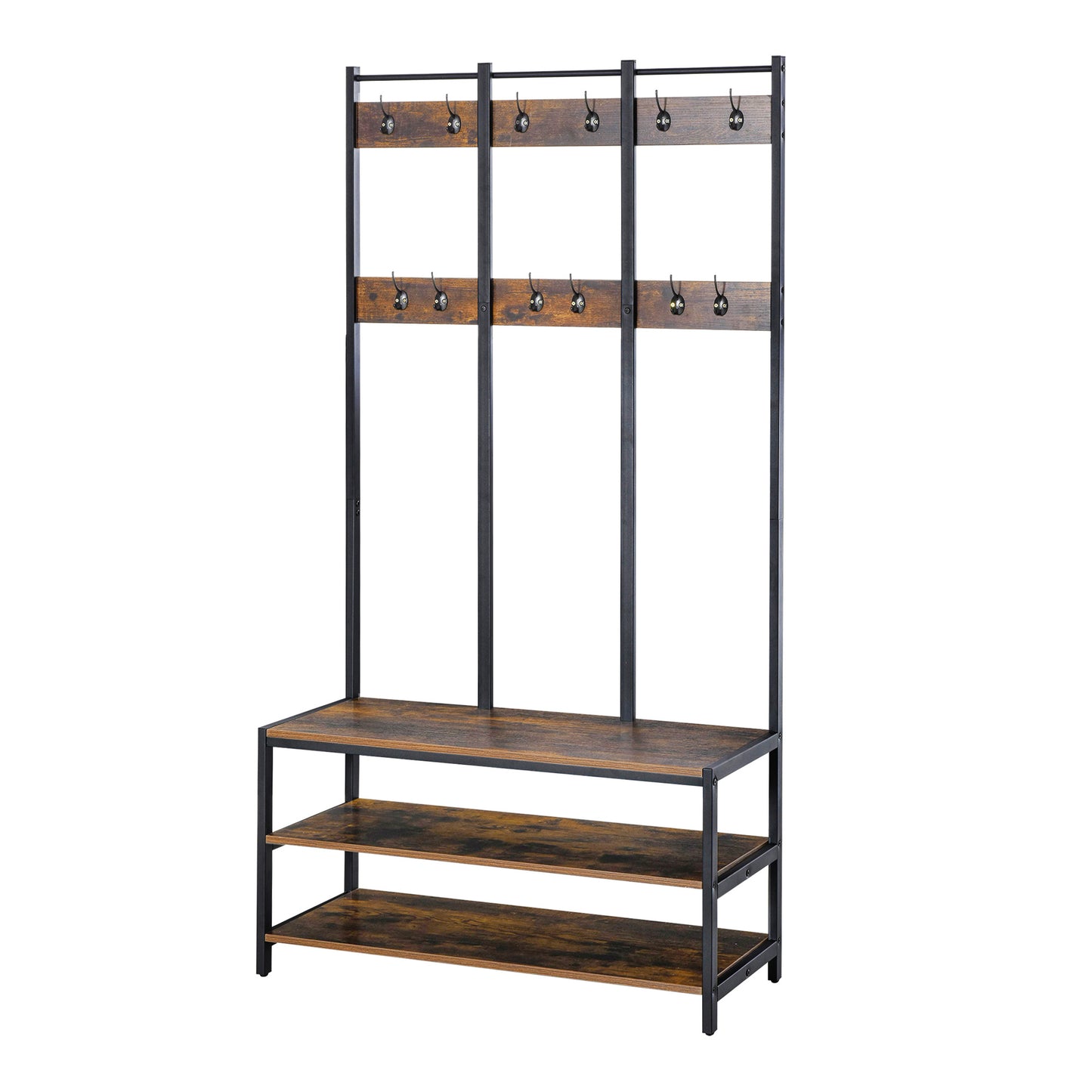 Coat Rack Stand, Free Standing Hall Tree, Coat Stand with Hooks, Bench and Shoe Rack, 100cm x 40cm x 184cm, Industrial Style, Rustic Brown and Black, HOMCOM, 1