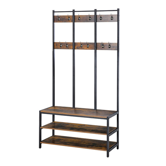 Coat Rack Stand, Free Standing Hall Tree, Coat Stand with Hooks, Bench and Shoe Rack, 100cm x 40cm x 184cm, Industrial Style, Rustic Brown and Black, HOMCOM, 1