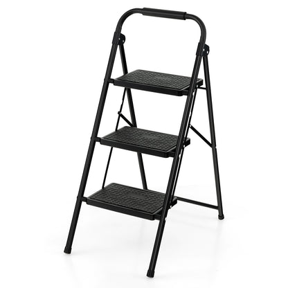 Step Ladder, 2 Step Ladder, Small Step Ladder, Folding Portable Ladder with Anti-Slip Pedal and Handle, Black, Costway