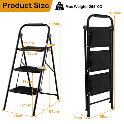 Step Ladder, 2 Step Ladder, Small Step Ladder, Folding Portable Ladder with Anti-Slip Pedal and Handle, Black, Costway, 3