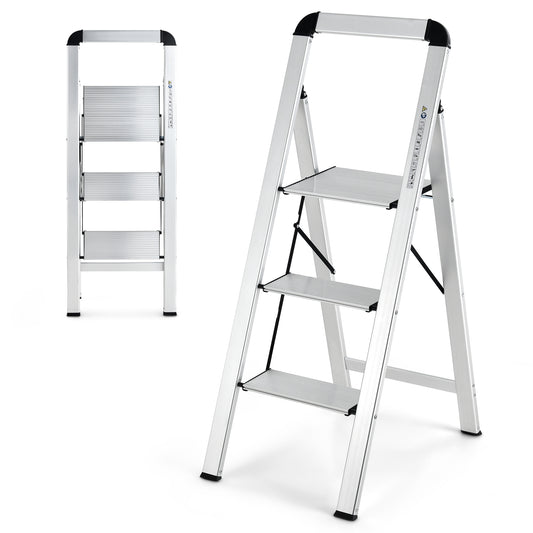 Step Ladder, 3 Step Ladder, Aluminum Step Ladder, Folding Step Stool with Non-Slip Pedal and Footpads, Silver, Costway