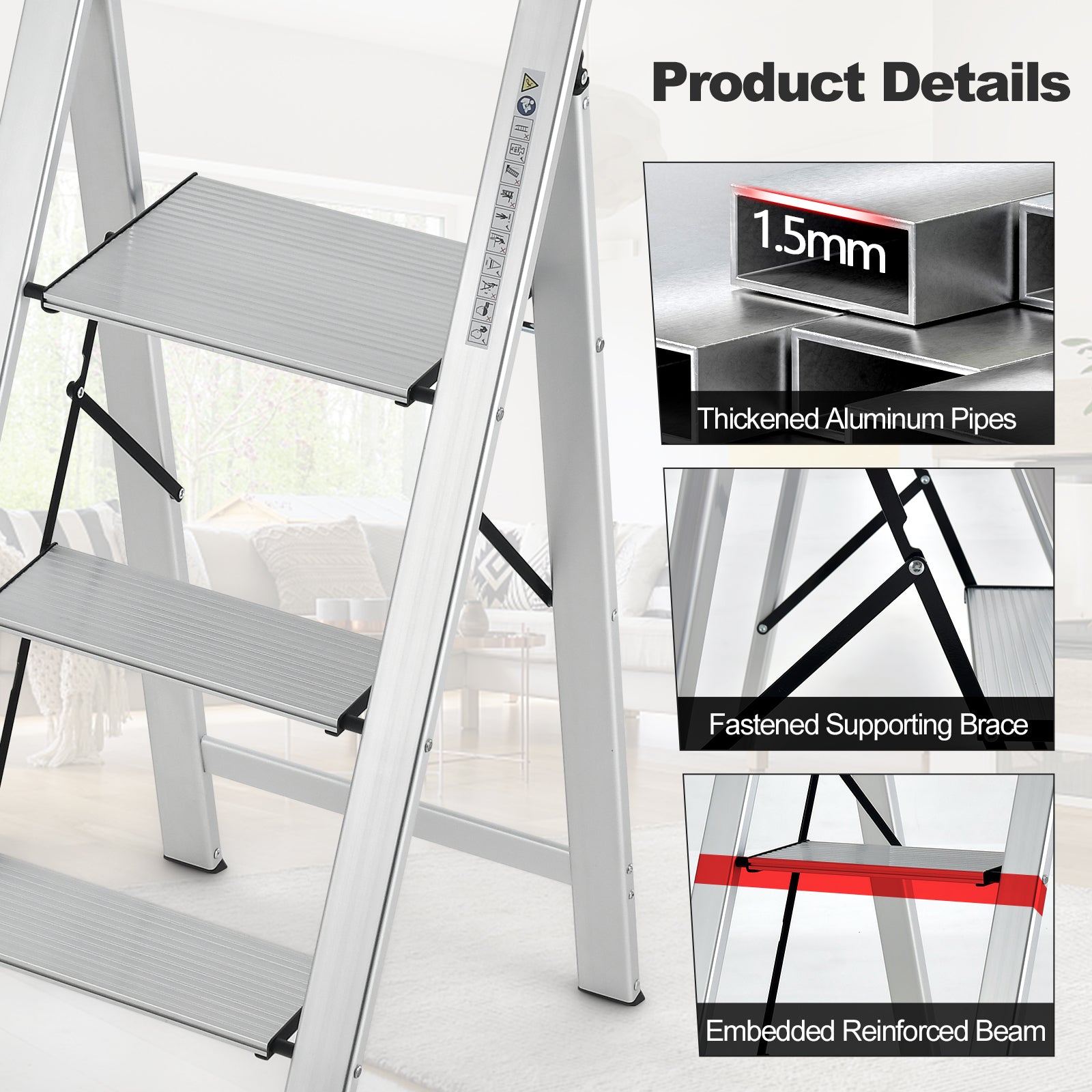 Step Ladder, 3 Step Ladder, Aluminum Step Ladder, Folding Step Stool with Non-Slip Pedal and Footpads, Silver, Costway, 2