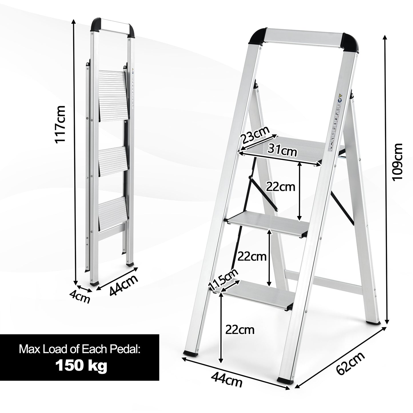 Step Ladder, 3 Step Ladder, Aluminum Step Ladder, Folding Step Stool with Non-Slip Pedal and Footpads, Silver, Costway, 3