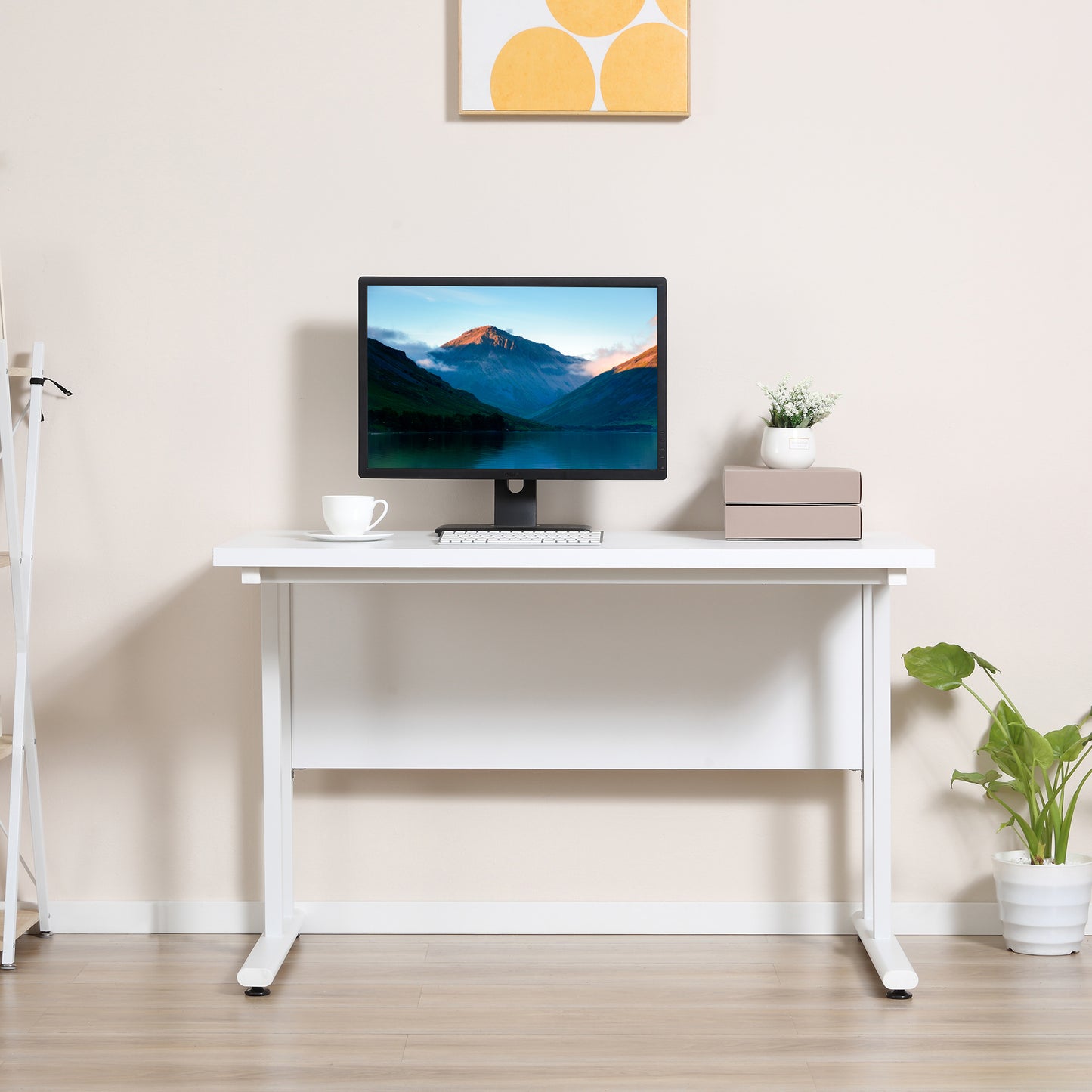 Computer Desk, Home Office Desk, Writing Table, 120x60x75cm Laptop Workstation with 2 Cable Management Holes, C Shaped Metal Legs for Adults, White, HOMCOM, 7