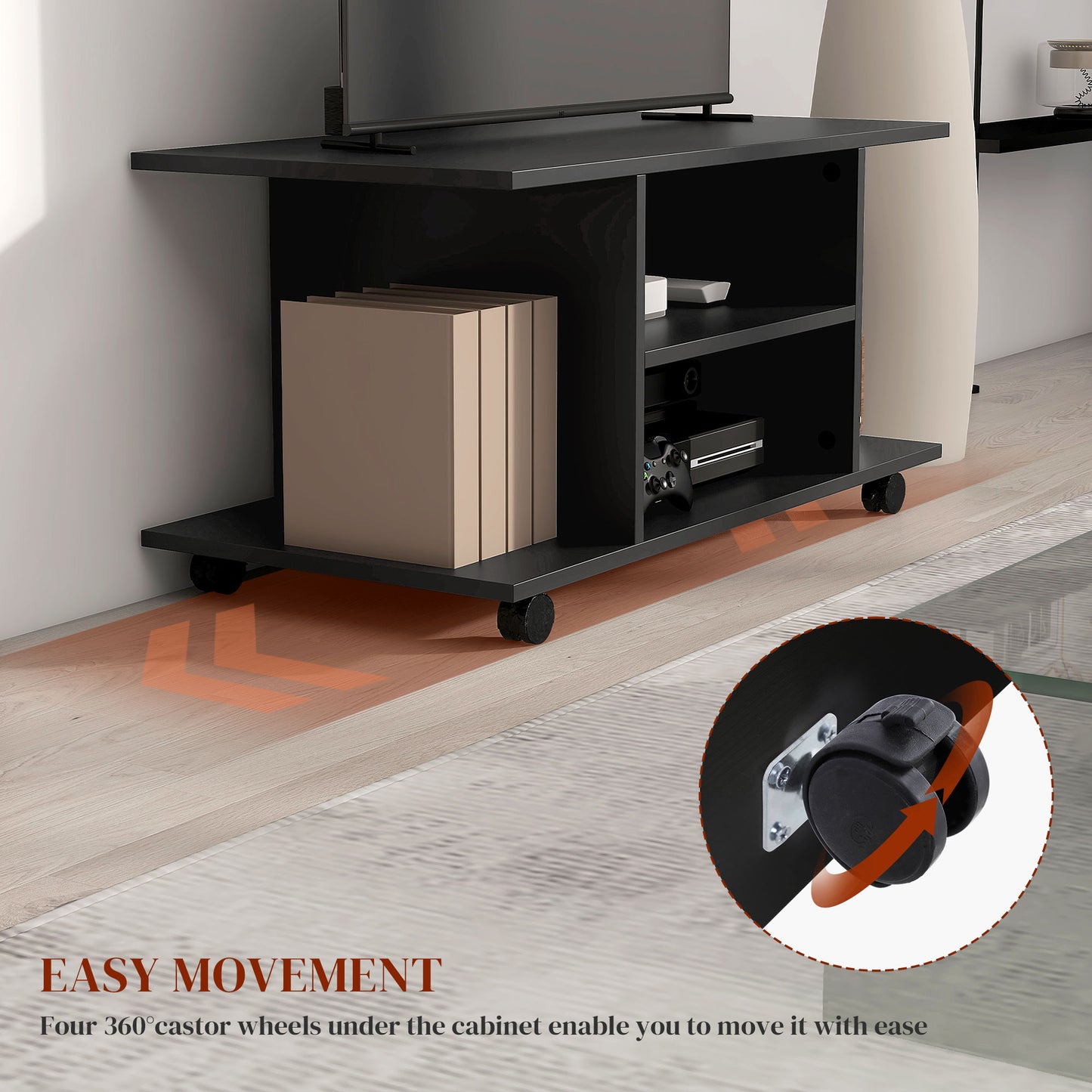 Modern TV Stand with Storage Shelves, TV Table, Sleek Design for Living Rooms, Space-Saving, Black, HOMCOM, 5
