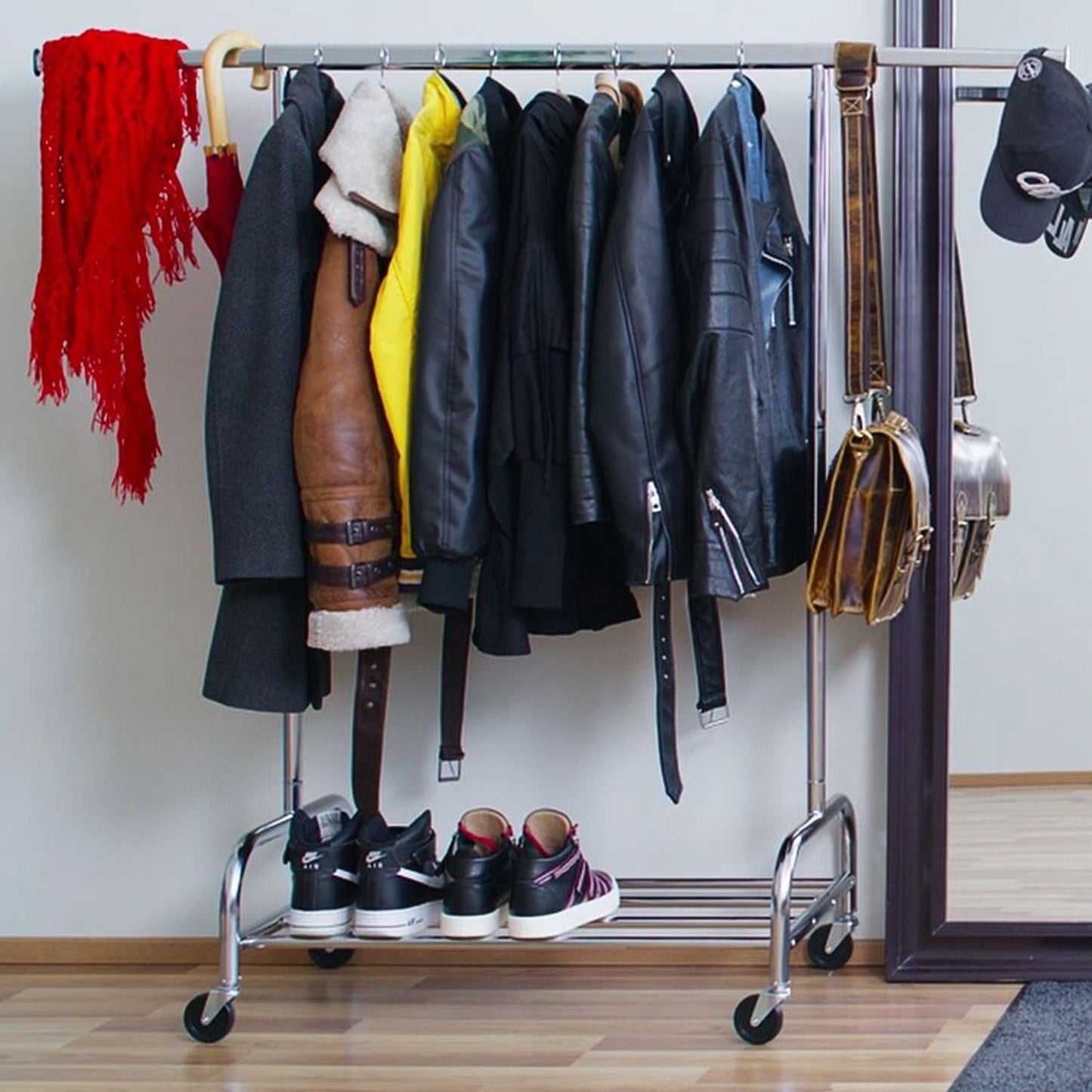 Heavy Duty Clothes Rail, 220 Lbs Capacity, Extendable Clothes Rail, on Wheels, with Bottom Shelf, Tatkraft Tiger, 3