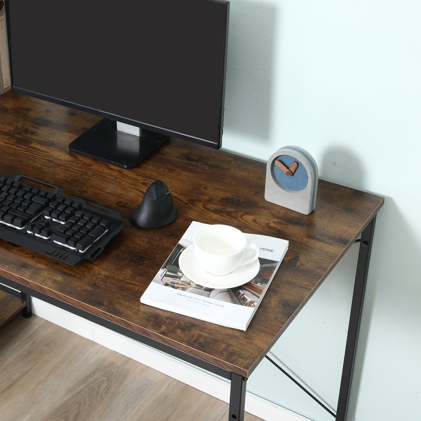 Reversible Computer Desk with Storage Shelves on Left or Right, Industrial Reversible Writing Desk for Home Office, Study, Easy Assembly, 120 x 64 x 121cm, Rustic Brown and Black, HOMCOM, 8