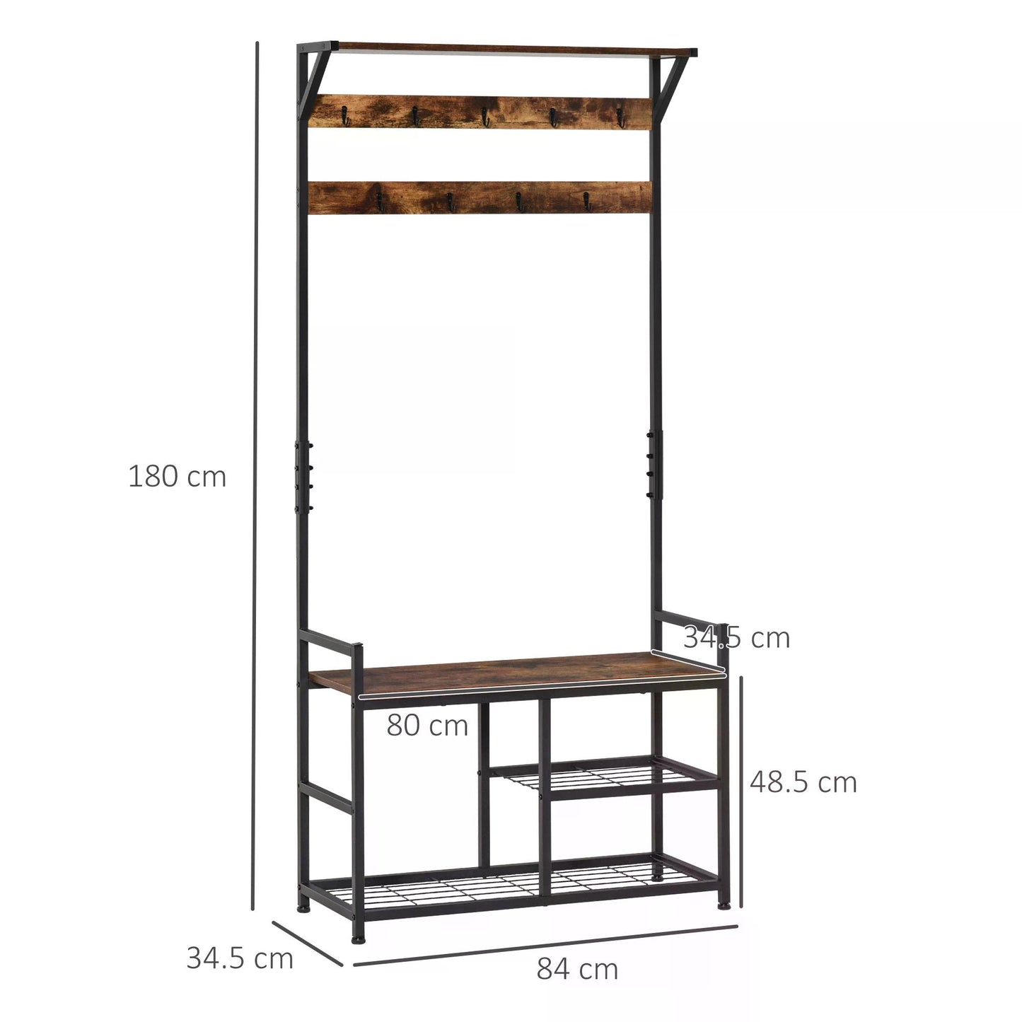 Coat Rack Stand Shoe Storage Bench with 9 Hooks Shelves for Bedroom Living Room Entryway Brown and Black 180cm, HOMCOM, 3