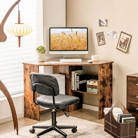 Triangle Corner Computer Desk with Open Shelf and Cable Holes-Rustic Brown, Costway, 2