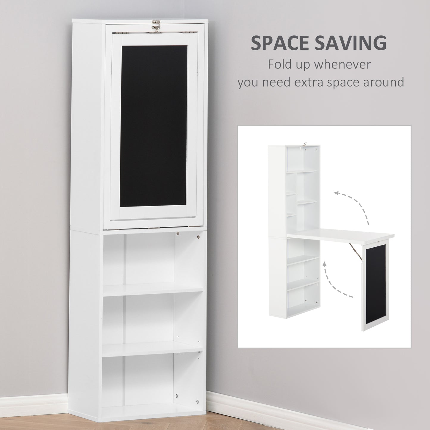 Fold-out Convertible Writing Desk Wall Mount Cabinet with Blackboard and Side Shelf Multi-Function Home Office Workstation, White, HOMCOM, 6