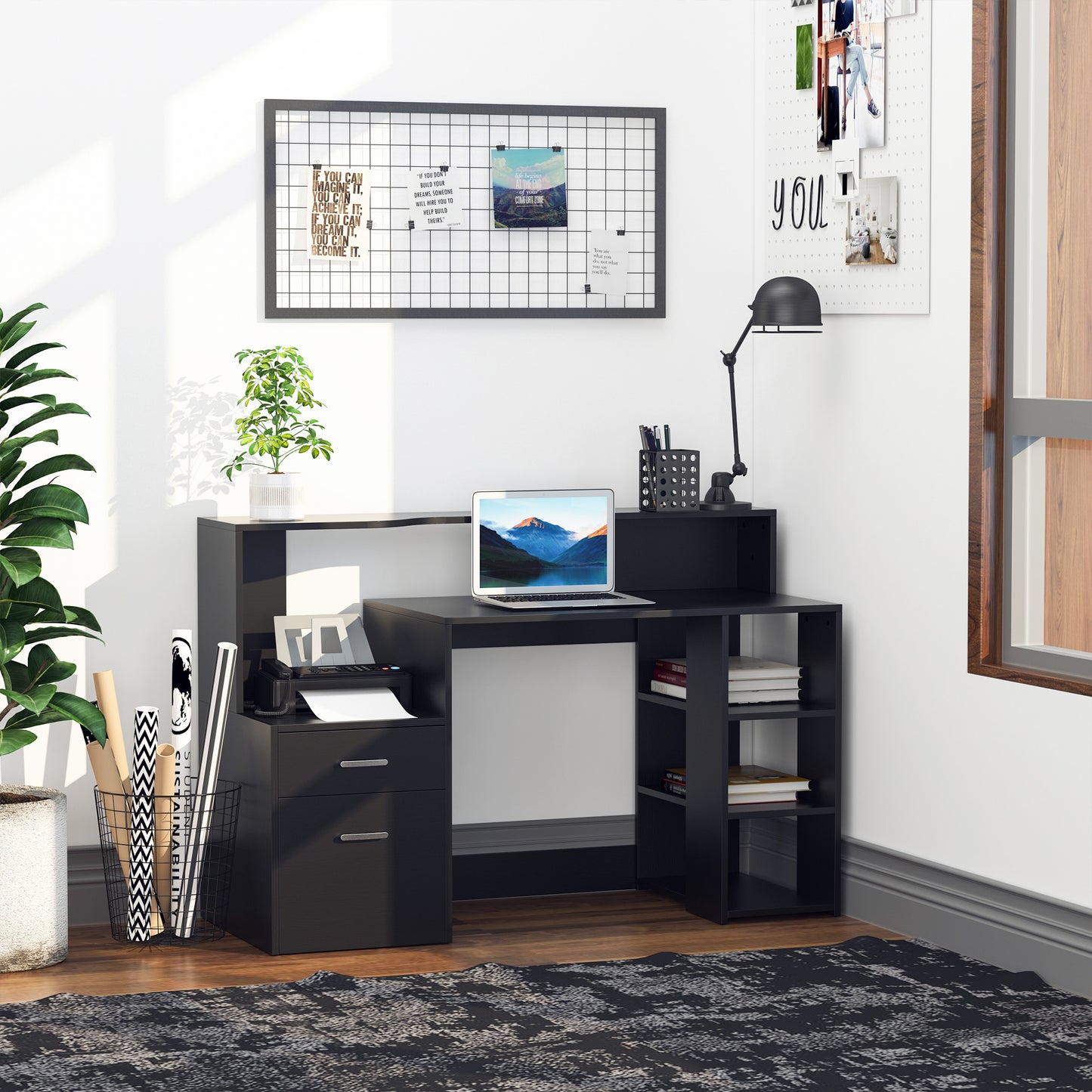 Computer Desk with Drawers and Storage Shelves, Reception Desk, Study Workstation for Home Office, 137 x 55 x 92cm, Black, HOMCOM, 7