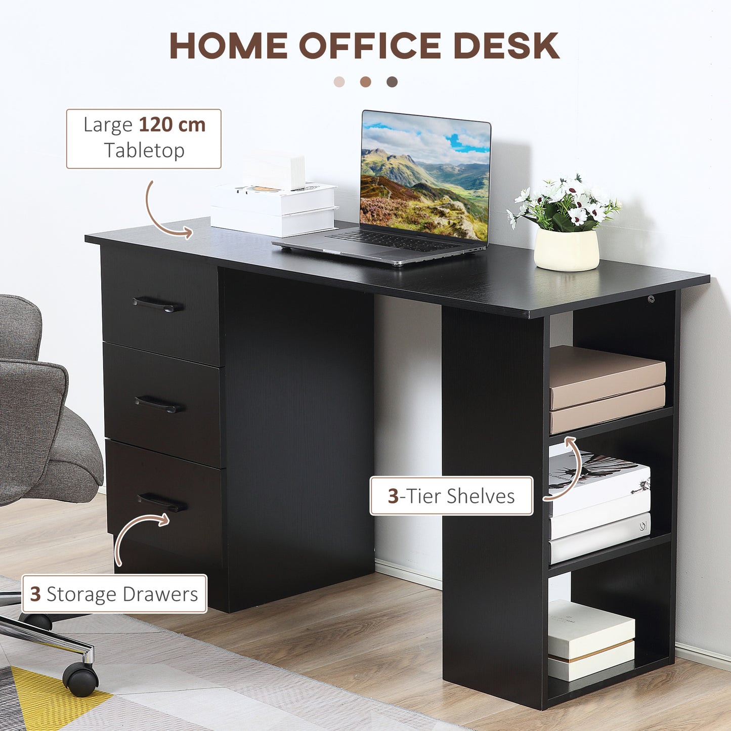 Computer Desk, Writing Table, PC Workstation with 3 Storage Shelves and Drawers, Black Handle, for Home Office, Black, HOMCOM, 4
