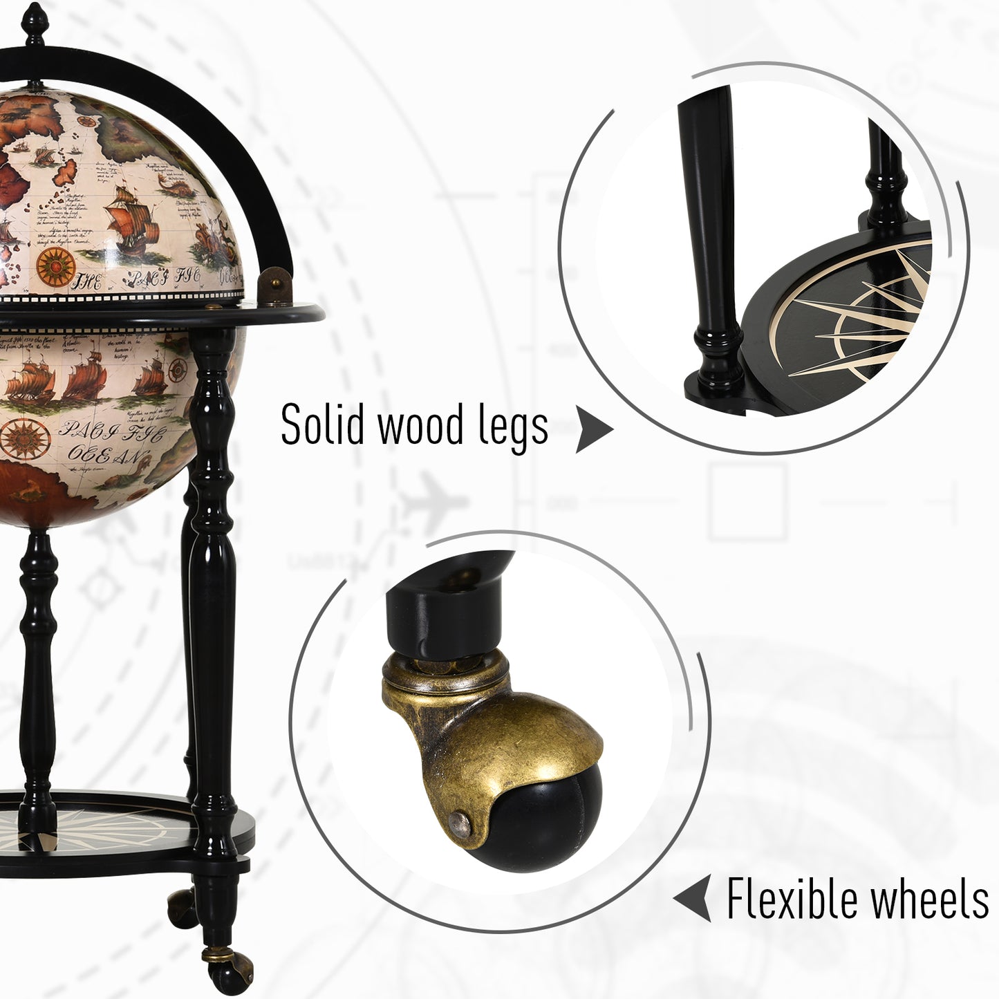 Unique Globe Drinks Cabinet Wood Frame 3 Compartments Bottles Glasses w/ Bottom Shelf 4 Wheels Elegant Antique Movable Safe Storage Presentation Wine Alcohol Beverage Trolley Brown Beige, HOMCOM, 7