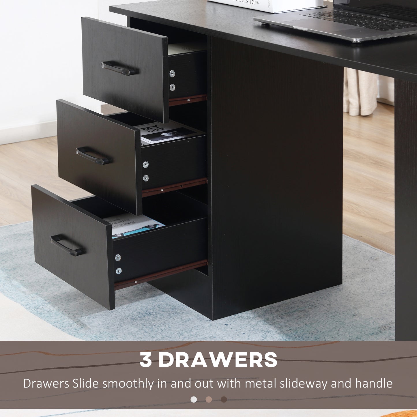 Computer Desk, Writing Table, PC Workstation with 3 Storage Shelves and Drawers, Black Handle, for Home Office, Black, HOMCOM, 5