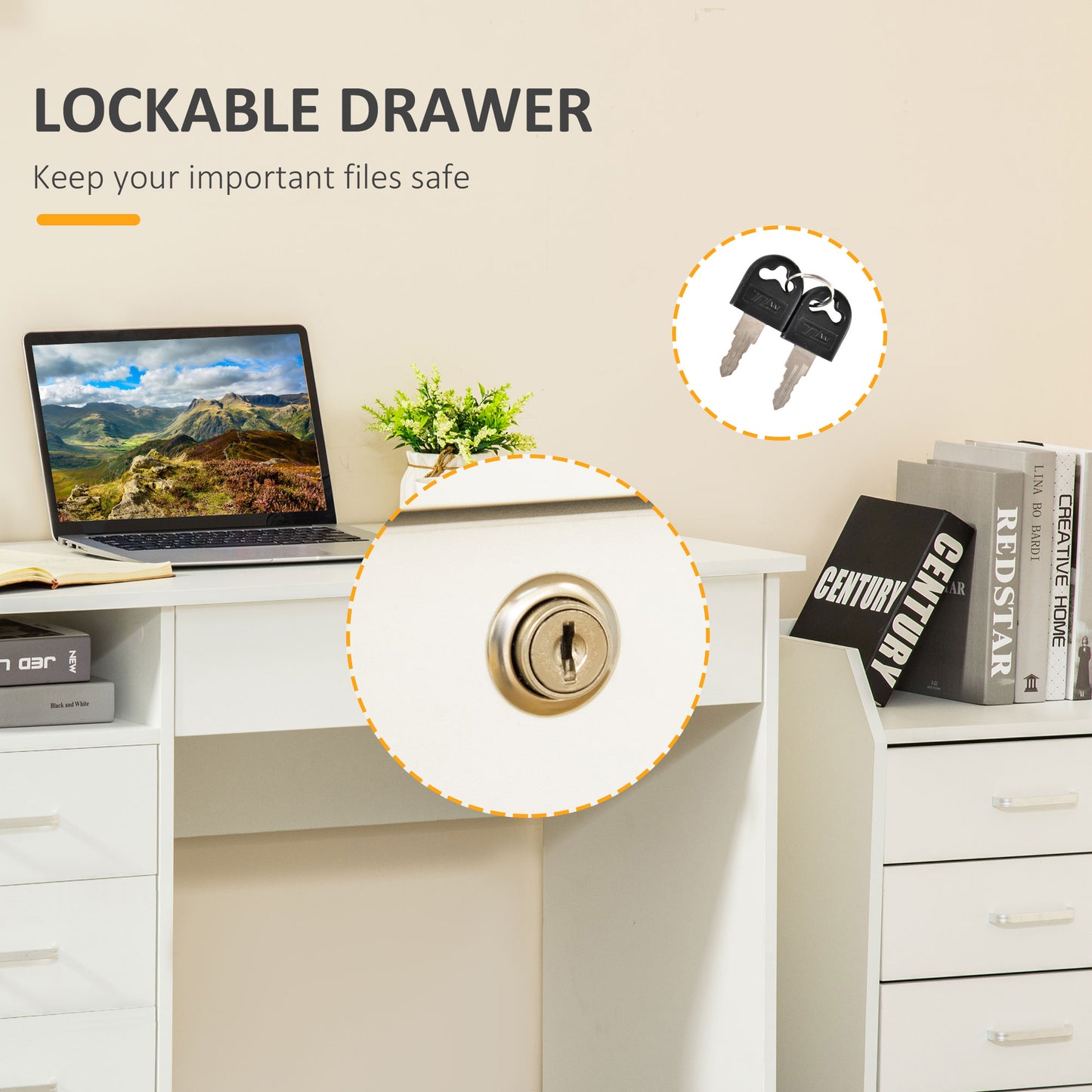 Computer Desk, Home Office Desk with Lockable Drawer, Storage Shelf for Study Bedroom, 110 x 50 x 76 cm, White, HOMCOM, 4