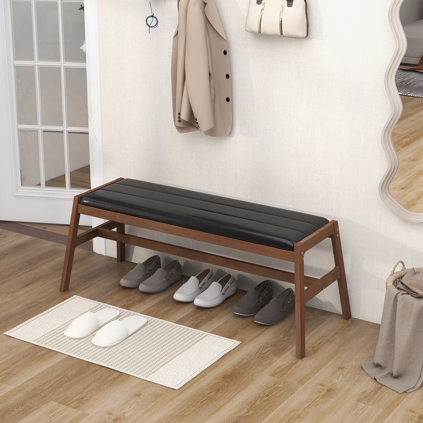 Upholstered Bench with Padded Cushion Solid Rubber Wood Frame-Brown, Costway, 3