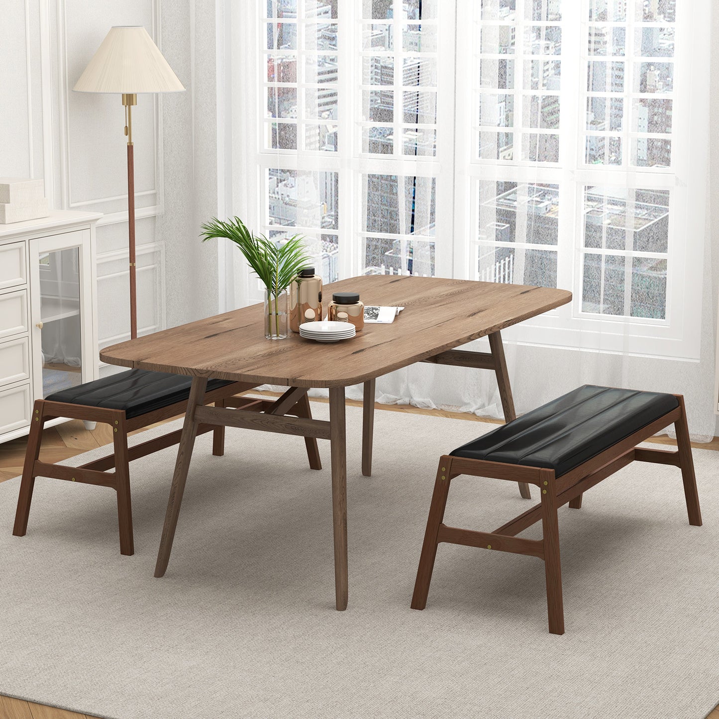 Upholstered Bench with Padded Cushion Solid Rubber Wood Frame-Brown, Costway, 5
