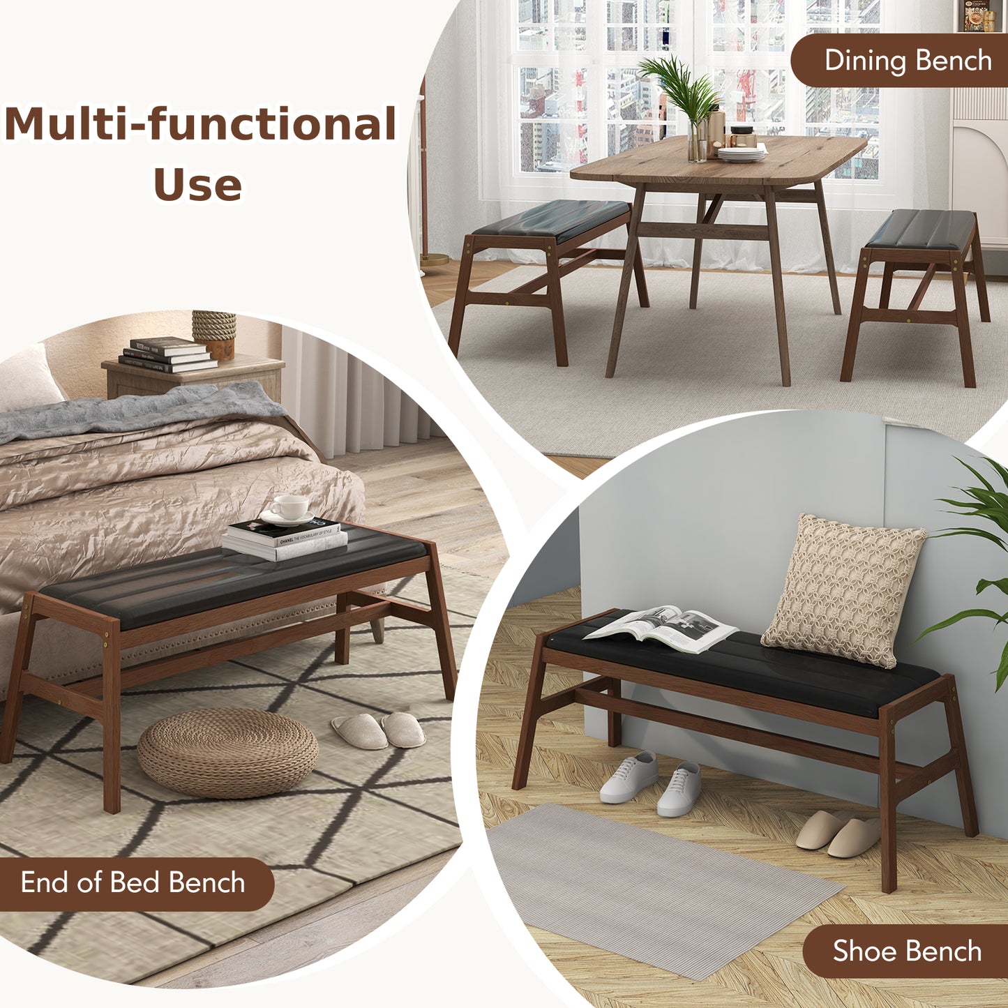 Upholstered Bench with Padded Cushion Solid Rubber Wood Frame-Brown, Costway, 7