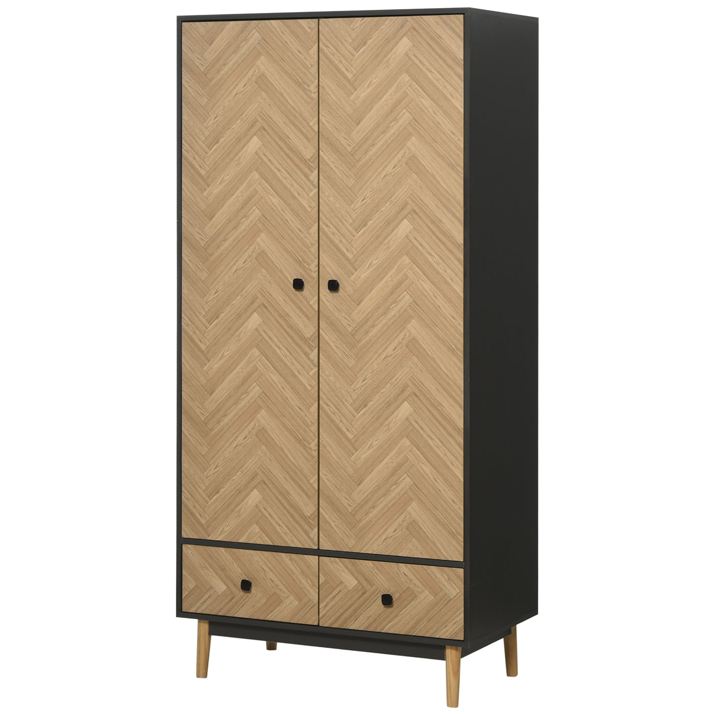 Modern Wardrobe Cabinet Wood Grain Sticker Surface with Shelf, Hanging Rod and 2 Drawers 90x50x190cm, HOMCOM, 1