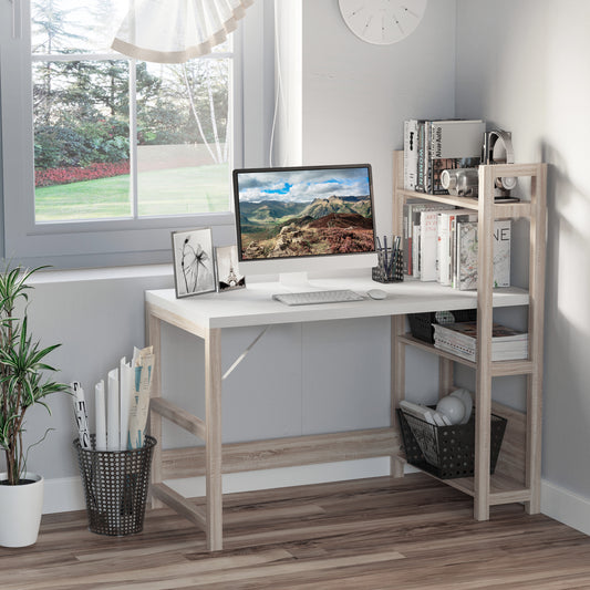 Computer Desk with 3 Tier Storage Shelves on Left or Right, 120cm Writing Table for Home Office, Study, Bedroom, White and Oak, HOMCOM, 2