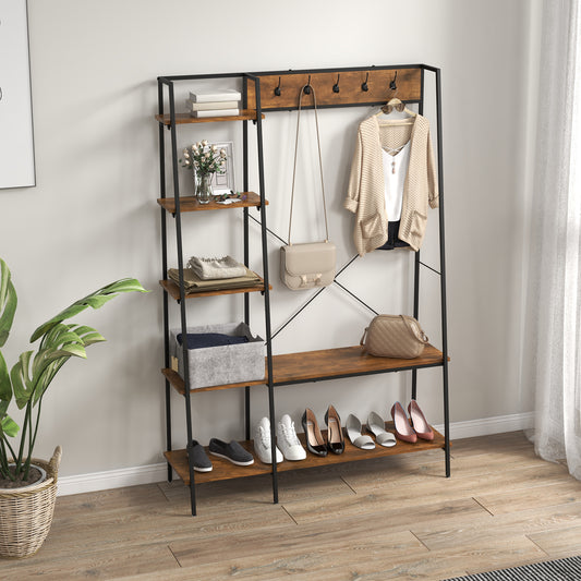 Clothes Rail, Metal Clothes Rack with Shoe Rack, 5 Tier Storage Shelves, 5 Side Hooks, Coat Stand for Bedroom, Living Room, Hallway, Rustic Brown and Black, HOMCOM, 2