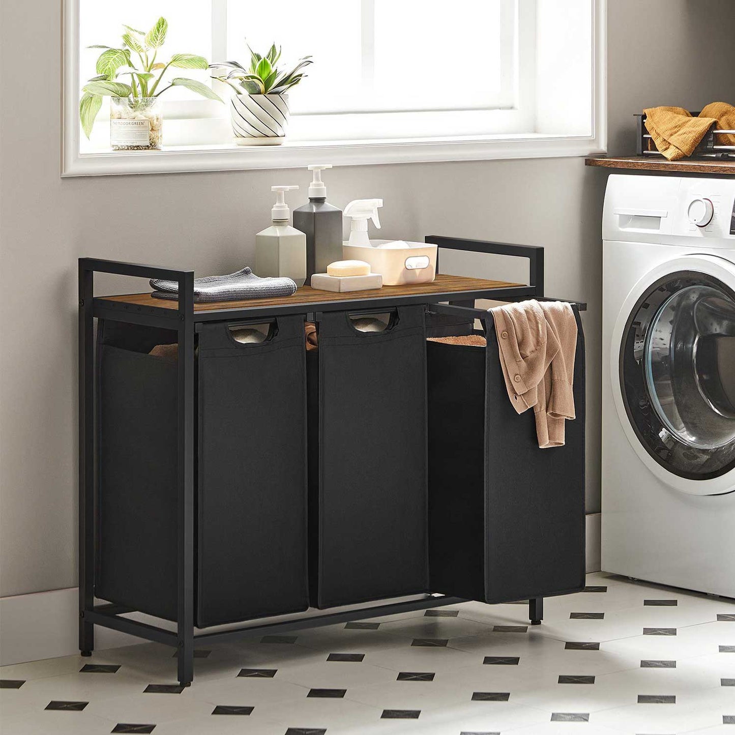 Laundry Basket, 3-Compartment Laundry Hamper, Pull-Out and Removable Laundry Bags, Laundry Sorter, Shelf, 3x38L