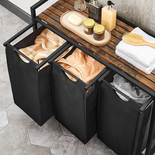 Laundry Basket, 3-Compartment Laundry Hamper, Pull-Out and Removable Laundry Bags, Laundry Sorter, Shelf, 3x38L, Vasagle