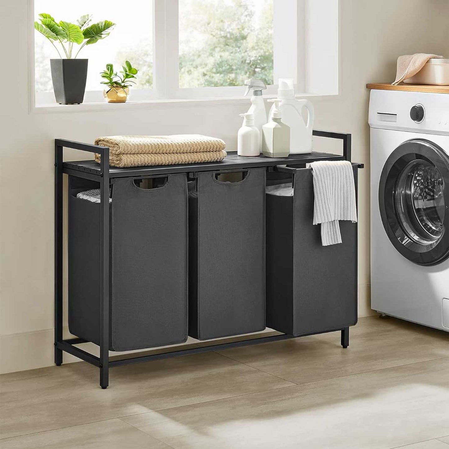 Laundry Basket, 3-Compartment Laundry Hamper, Pull-Out and Removable Laundry Bags, Laundry Sorter, 3 x 38L, VASAGLE, 1