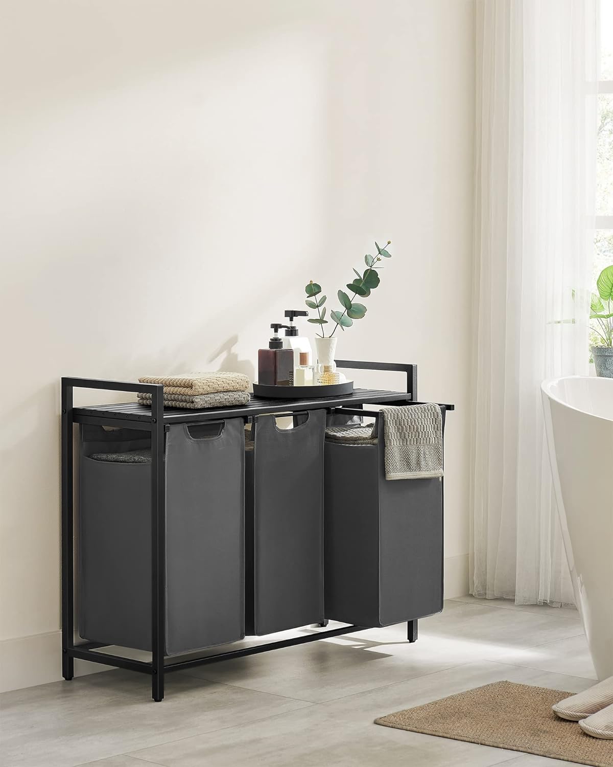 Laundry Basket, 3-Compartment Laundry Hamper, Pull-Out and Removable Laundry Bags, Laundry Sorter, 3 x 38L, VASAGLE, 3