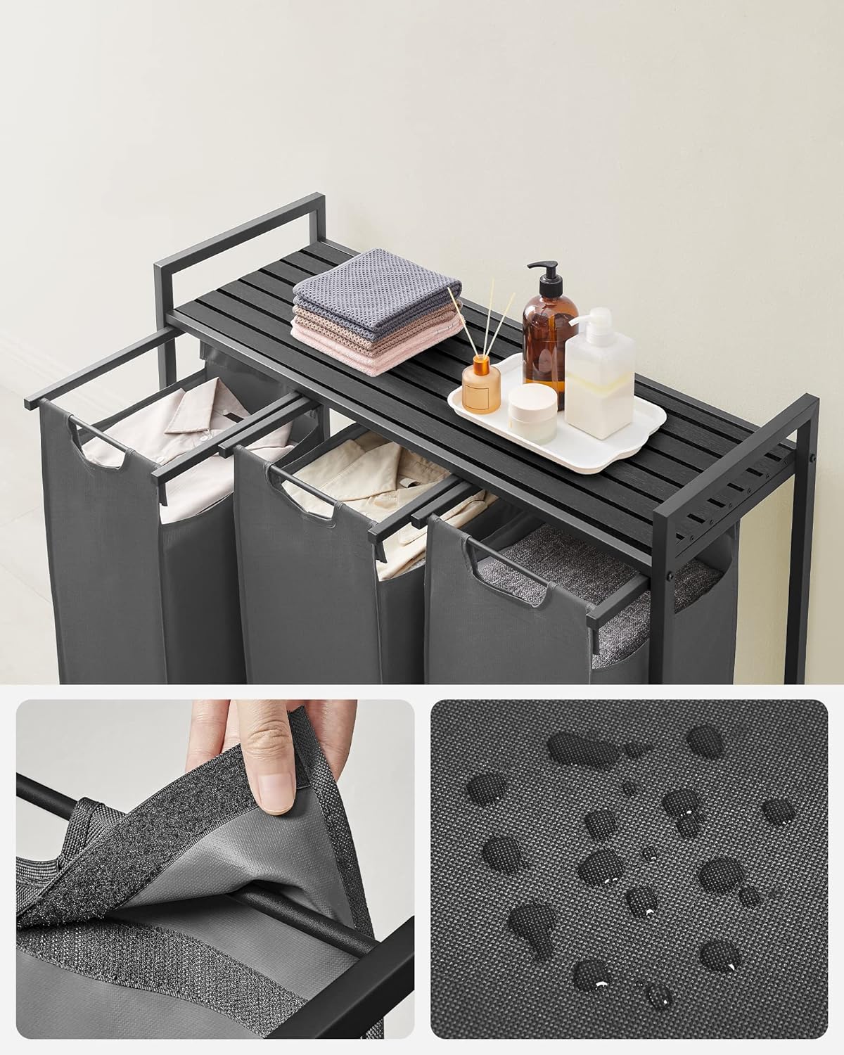Laundry Basket, 3-Compartment Laundry Hamper, Pull-Out and Removable Laundry Bags, Laundry Sorter, 3 x 38L, VASAGLE, 4