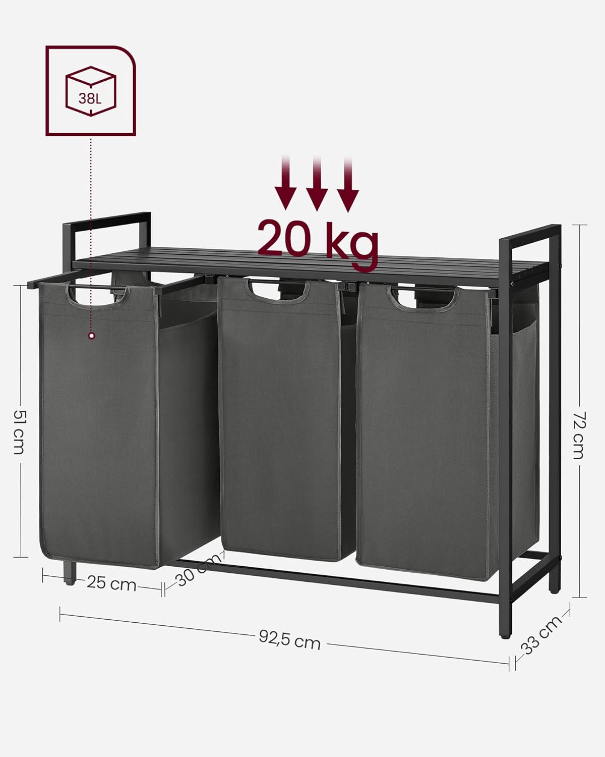 Laundry Basket, 3-Compartment Laundry Hamper, Pull-Out and Removable Laundry Bags, Laundry Sorter, 3 x 38L, VASAGLE, 6