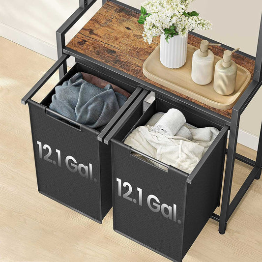 Laundry Basket, 2-Section Laundry Hamper with 2 Shelves, Pull-Out and Removable Liners, Clothes Rail, 2 x 12.1 Gal., Brown Black, VASAGLE, 1