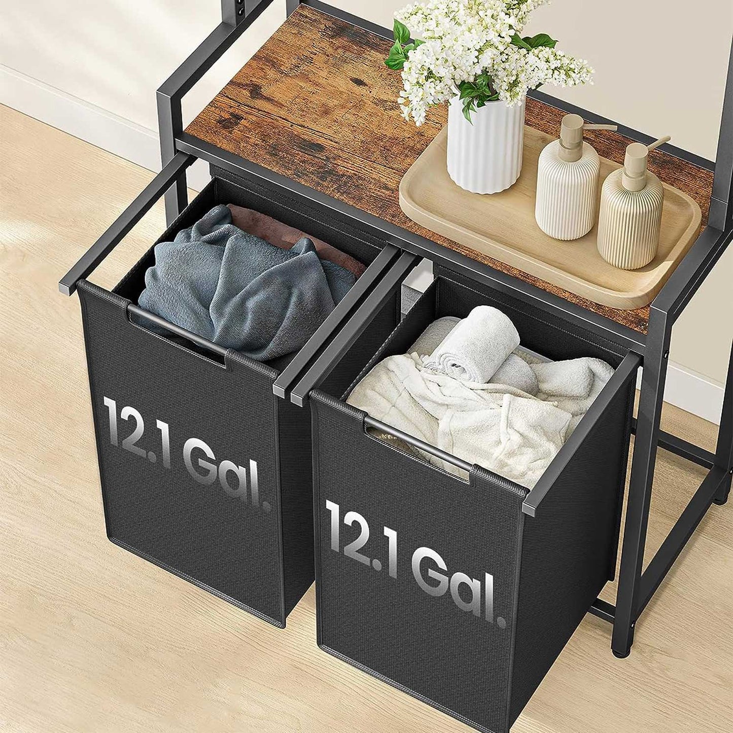 Laundry basket with 2 compartments, with clothes rail and shelf, pull-out laundry bag, removable, 2 x 46 L, VASAGLE, 1