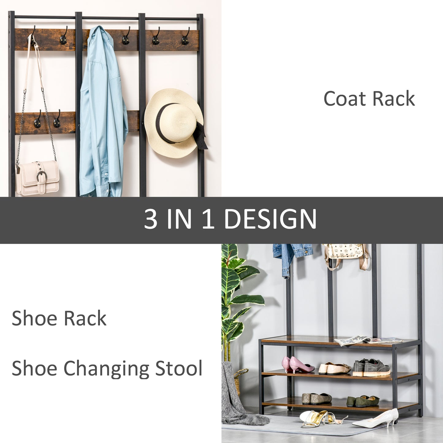 Coat Rack Stand, Free Standing Hall Tree, Coat Stand with Hooks, Bench and Shoe Rack, 100cm x 40cm x 184cm, Industrial Style, Rustic Brown and Black, HOMCOM, 5