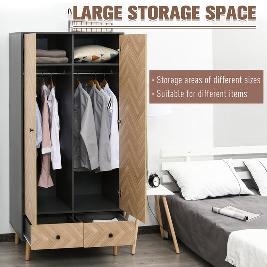 Modern Wardrobe Cabinet Wood Grain Sticker Surface with Shelf, Hanging Rod and 2 Drawers 90x50x190cm, HOMCOM, 4