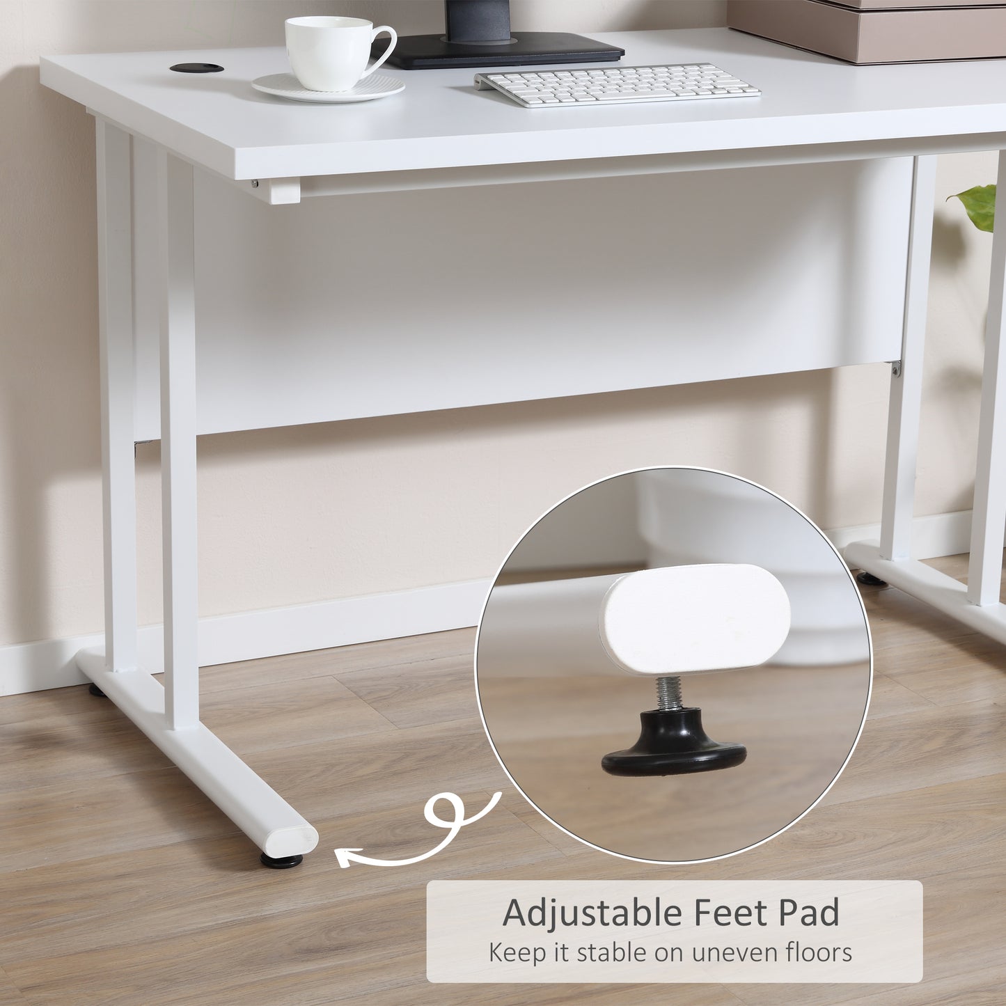 Computer Desk, Home Office Desk, Writing Table, 120x60x75cm Laptop Workstation with 2 Cable Management Holes, C Shaped Metal Legs for Adults, White, HOMCOM, 5