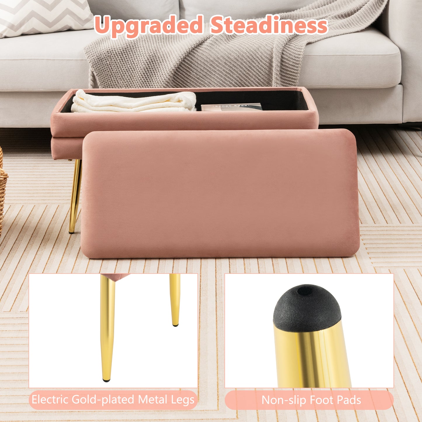 Velvet Upholstered Storage Bench with Removable Top-Pink, Costway, 7