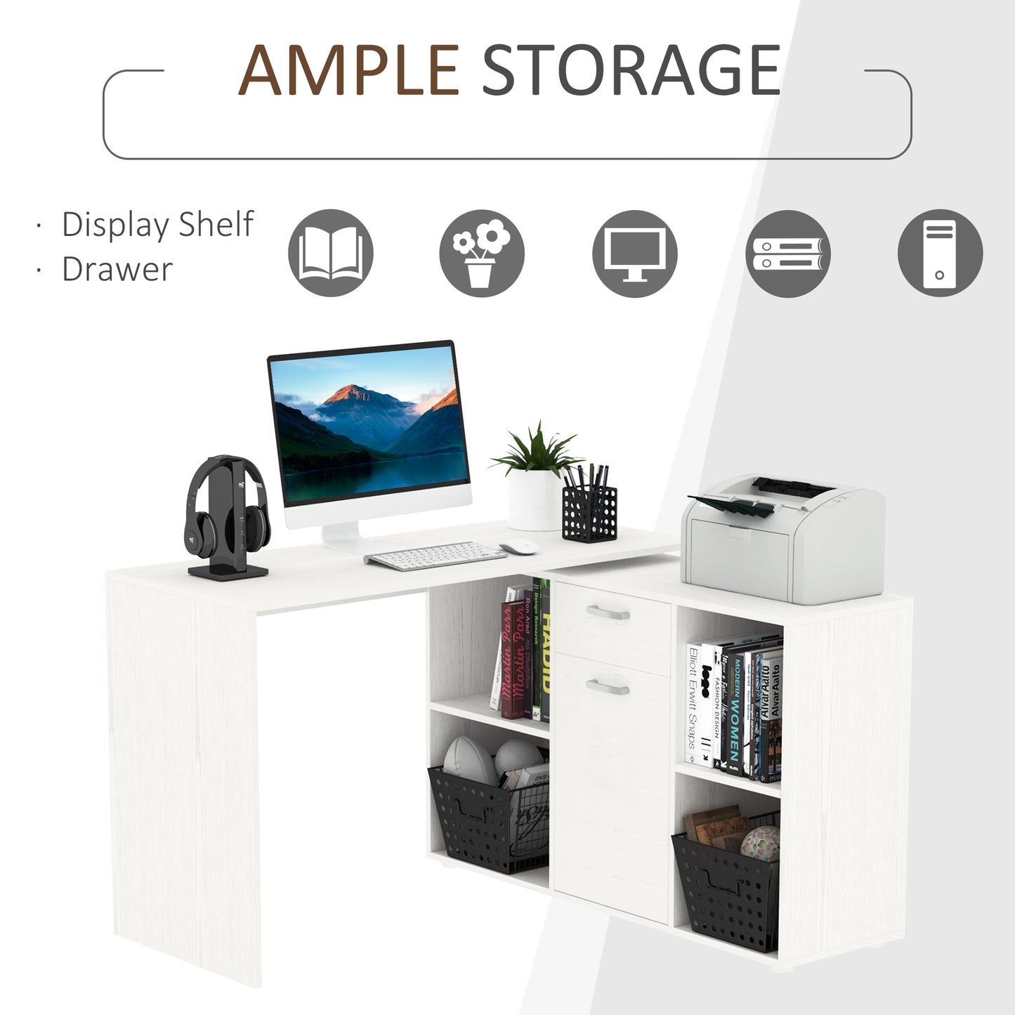 L-Shaped Computer Desk with Storage Compartments, Drawer and Cabinet, Laptop PC Corner Table, Home Office Workstation, 120 x 115 x 76cm, White, HOMCOM, 4