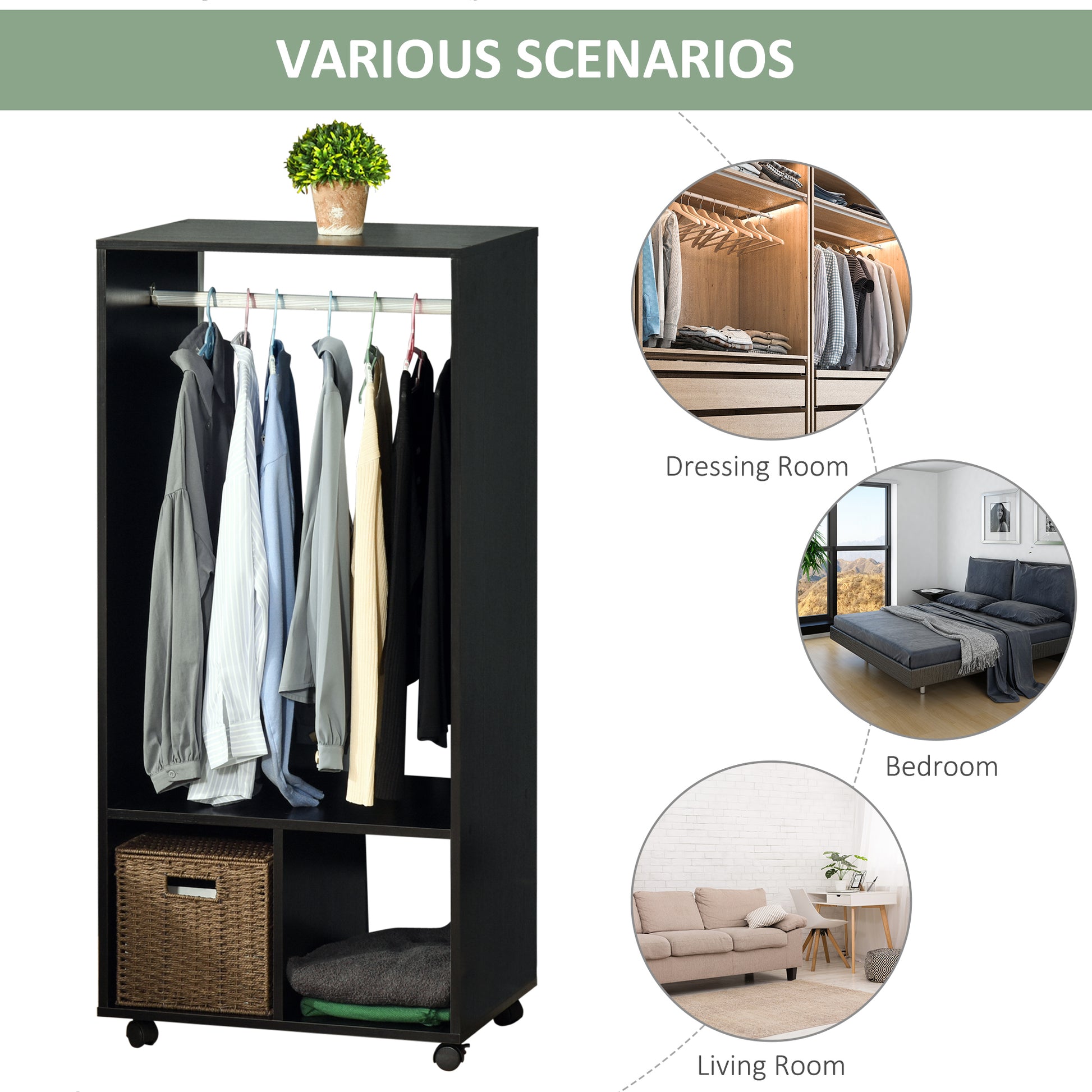 Open Wardrobe for Bedroom, Small Wardrobe on Wheels with Clothes Rail, Storage Shelves, Mobile Garment Rack for Clothes Storage, Cloakroom, Hallway, Black, HOMCOM, 6