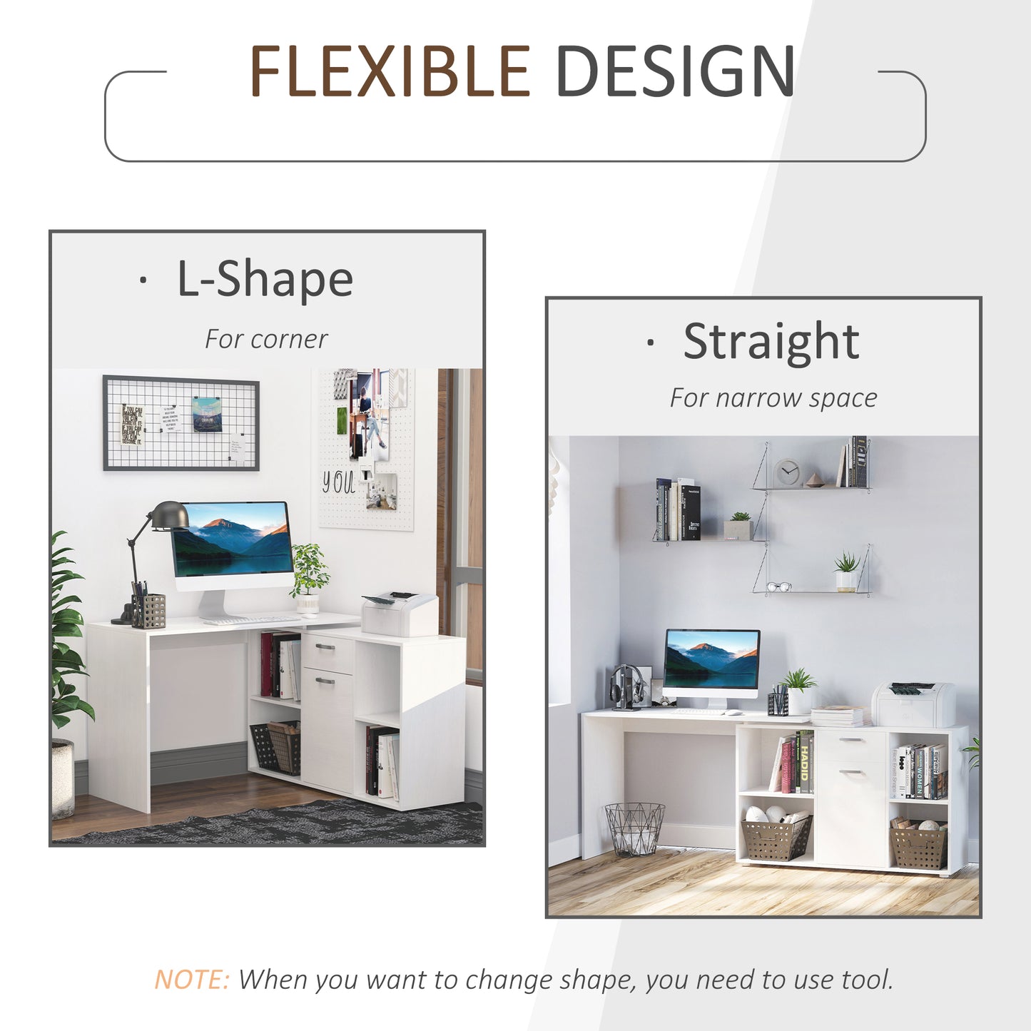 L-Shaped Computer Desk with Storage Compartments, Drawer and Cabinet, Laptop PC Corner Table, Home Office Workstation, 120 x 115 x 76cm, White, HOMCOM, 5